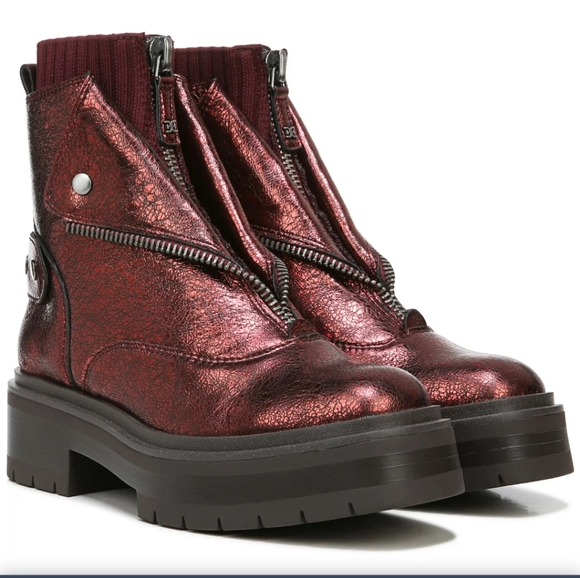 Sam Edelman Linds Metallic Red Zip Hiking Boots Shoes Lug Sole Leather Womens 10
